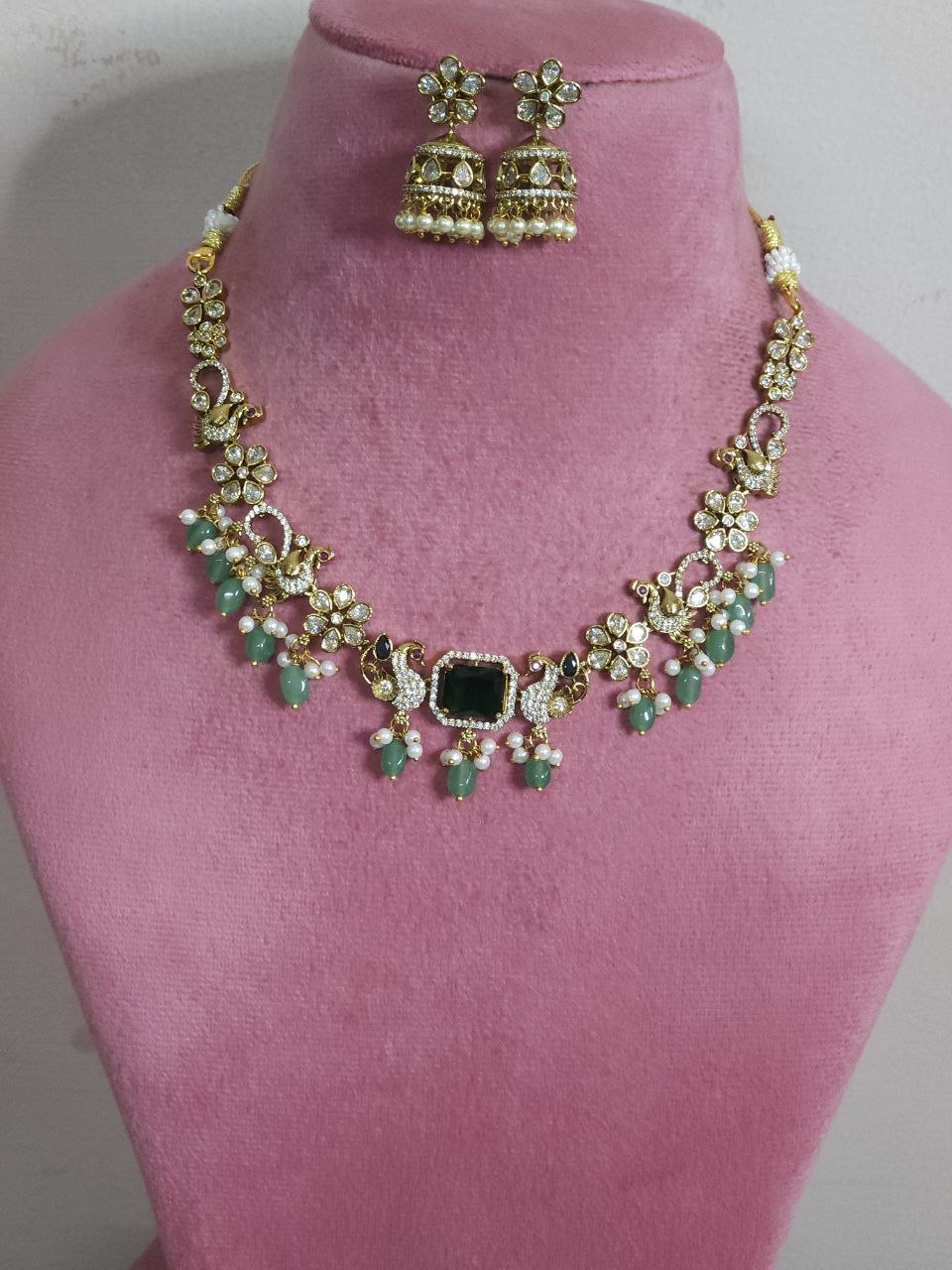 Peacock Min Green AD Temple Necklace