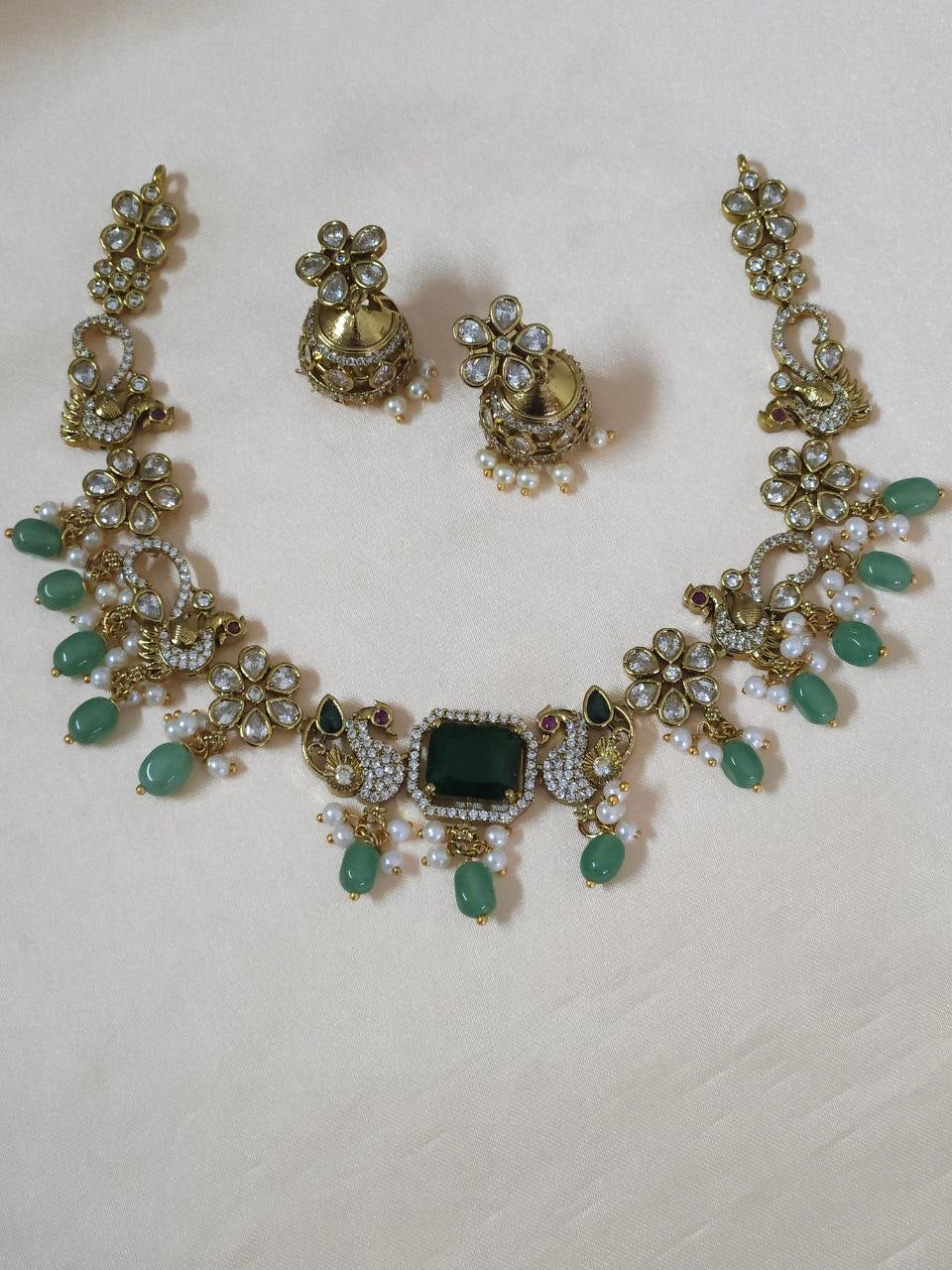 Peacock Min Green AD Temple Necklace