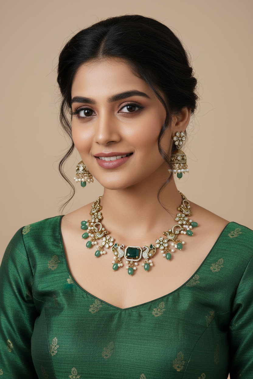Peacock Min Green AD Temple Necklace