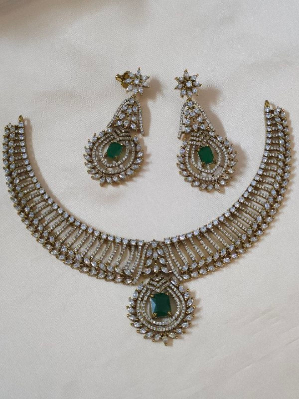 Emerald Green Victorian Bridal Temple AD Necklace