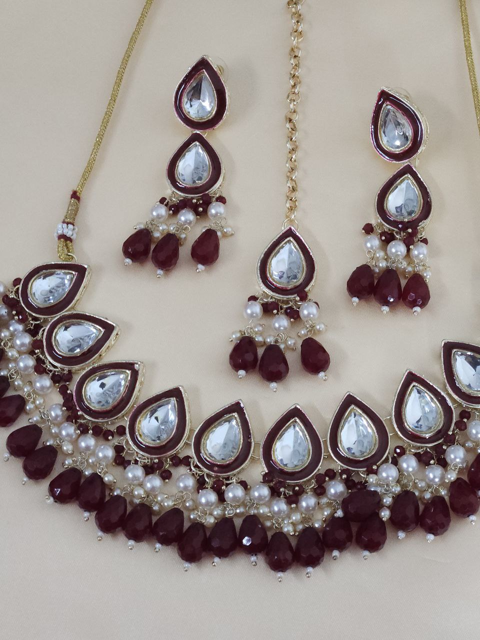 Maroon Drops Kundan Choker Necklace