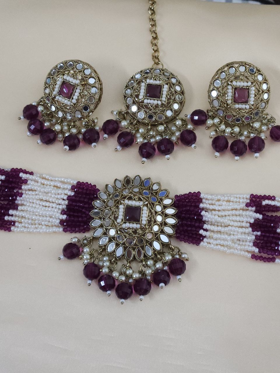 Magenta Mirror Pearl Choker Necklace