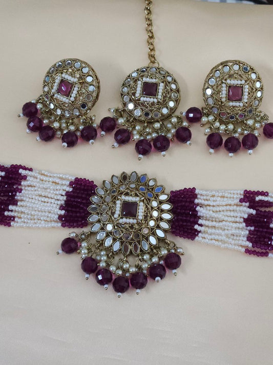 Magenta Mirror Pearl Choker Necklace
