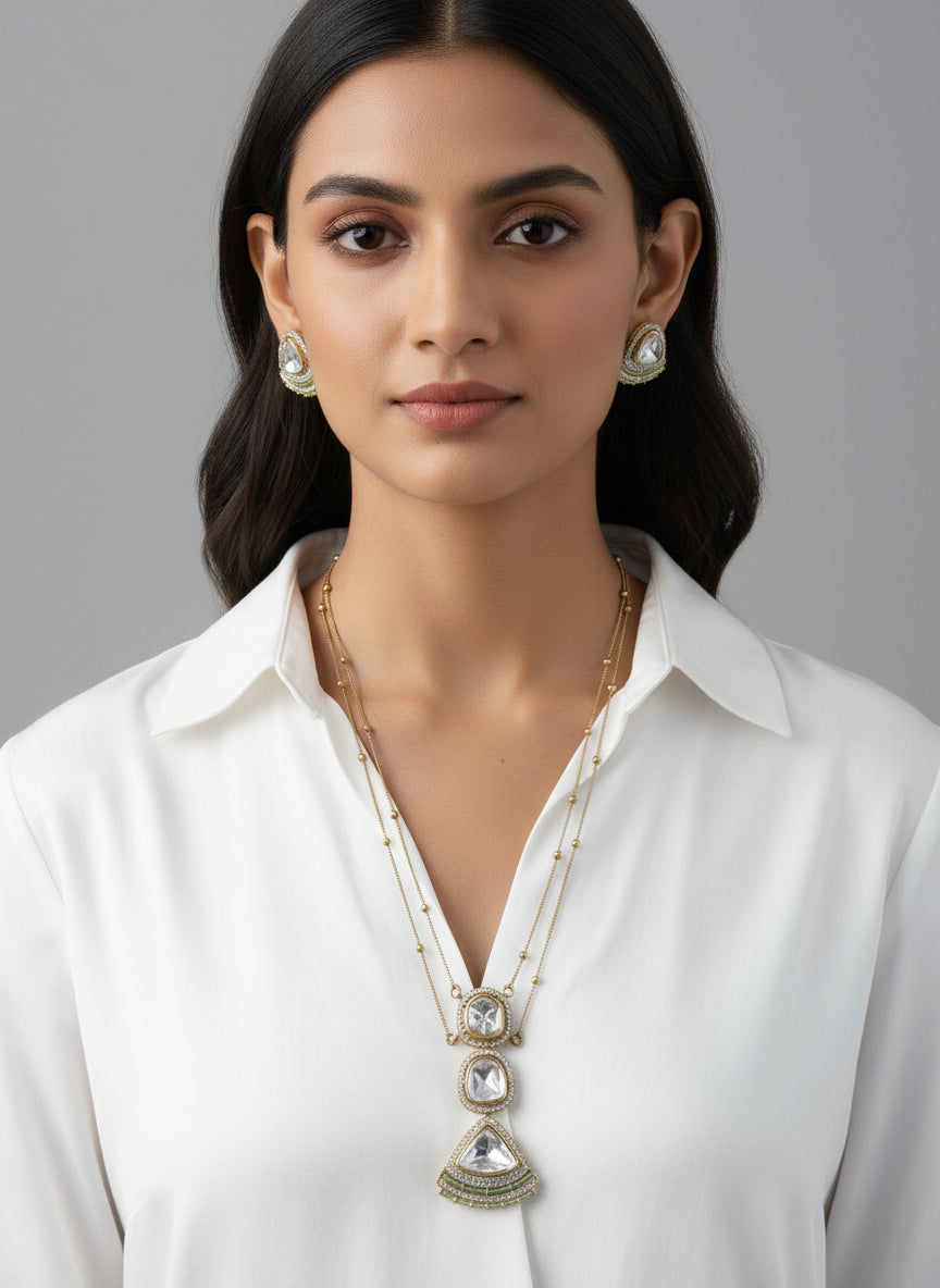 Double Chain Polki AD Gold Necklace