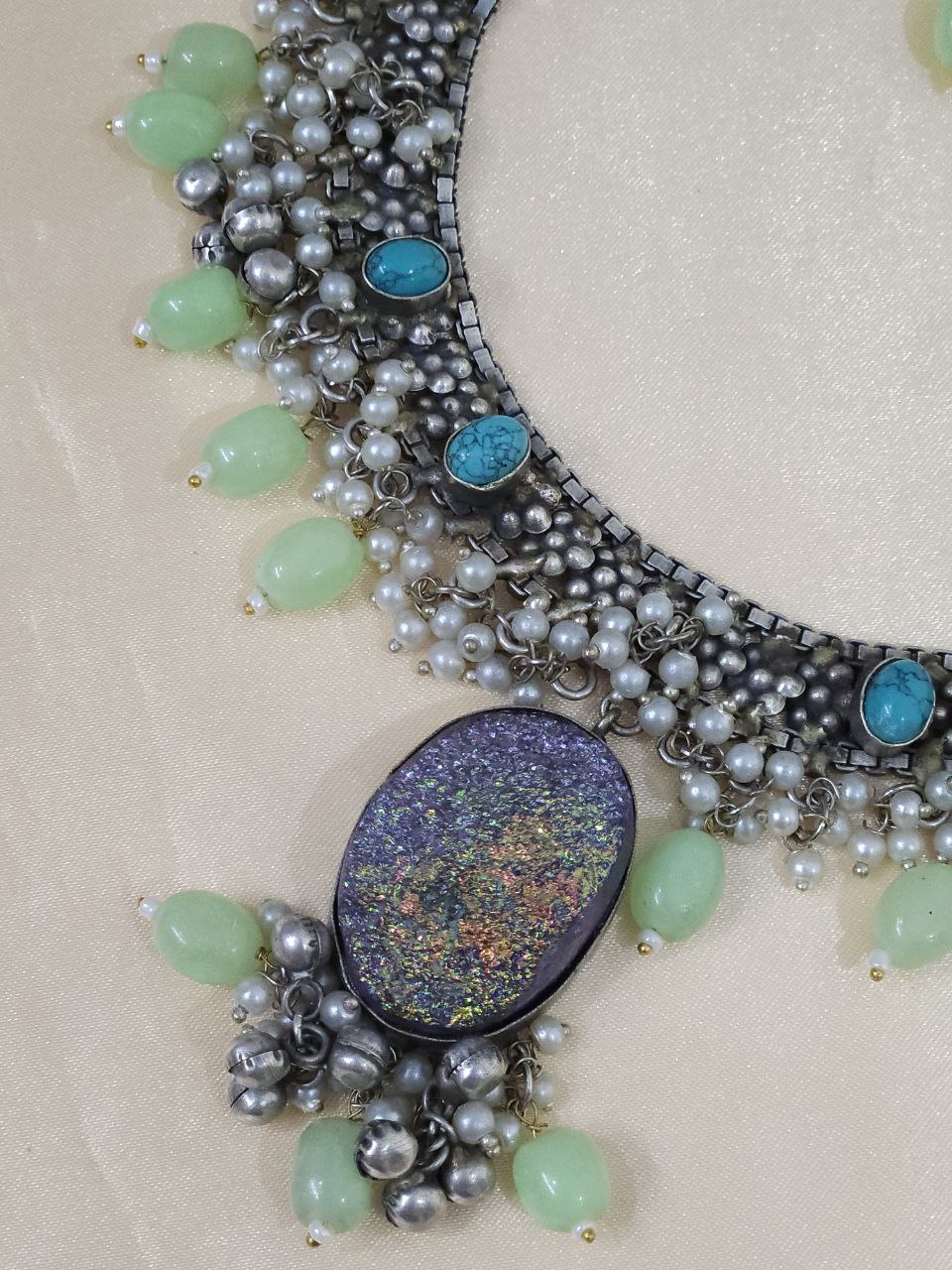 Mint Natural Stone Oxidized Necklace