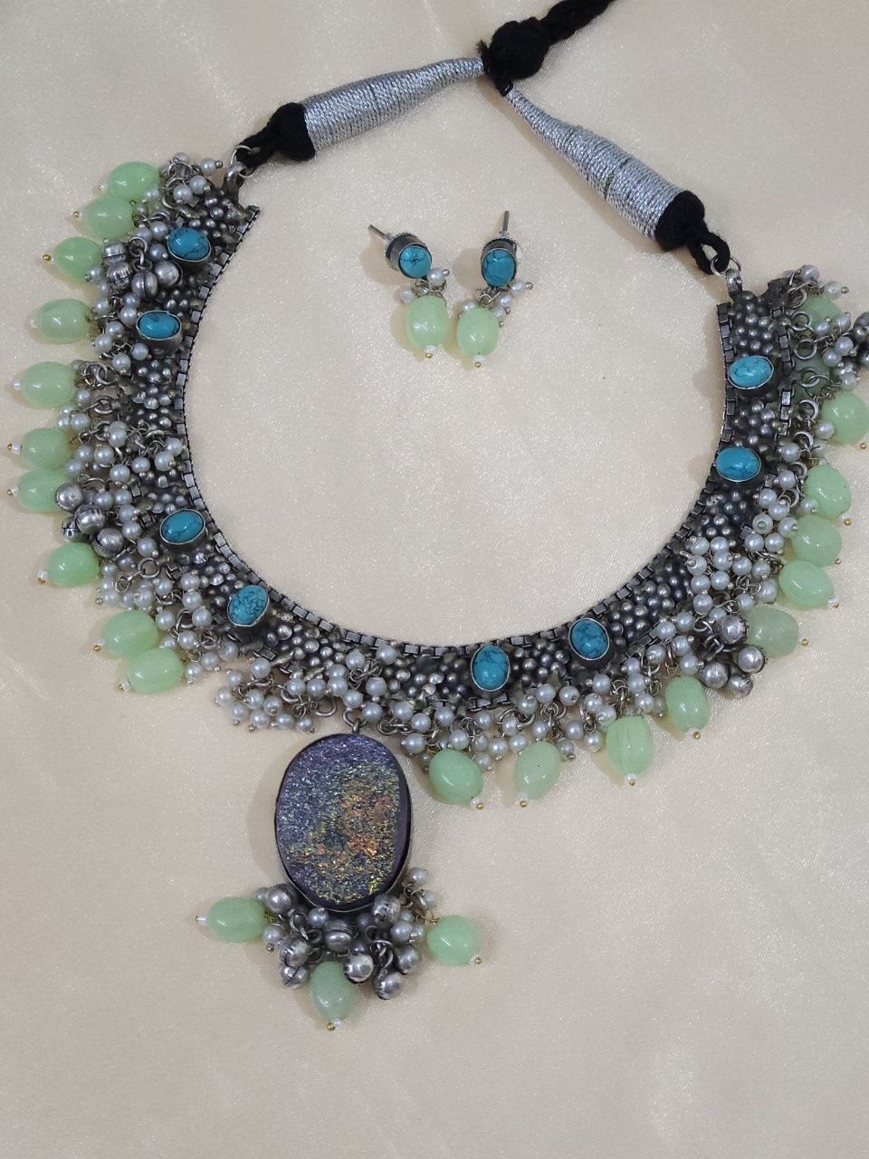 Mint Natural Stone Oxidized Necklace