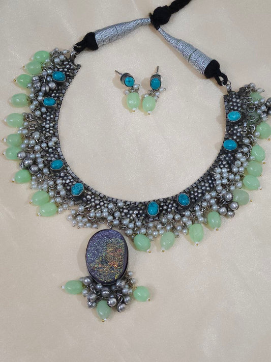 Mint Natural Stone Oxidized Necklace