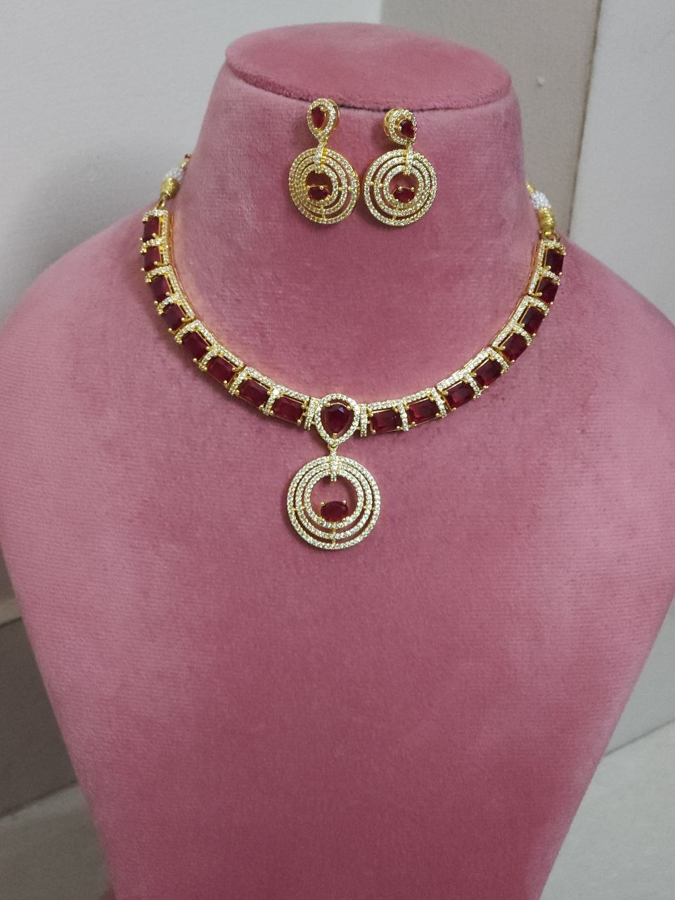 Gold Red Multi Rings Nano AD Necklace [Premium]