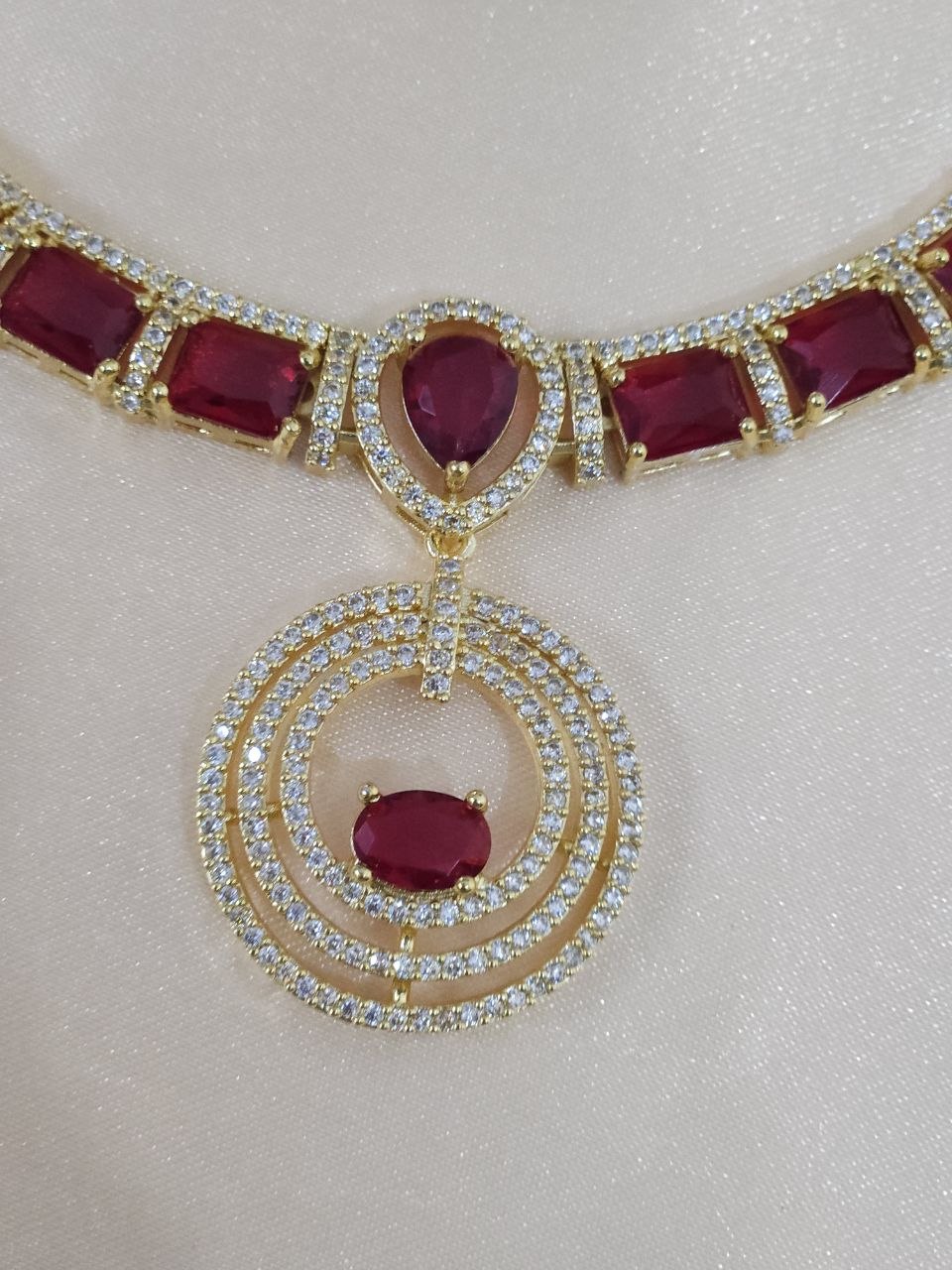 Gold Red Multi Rings Nano AD Necklace [Premium]