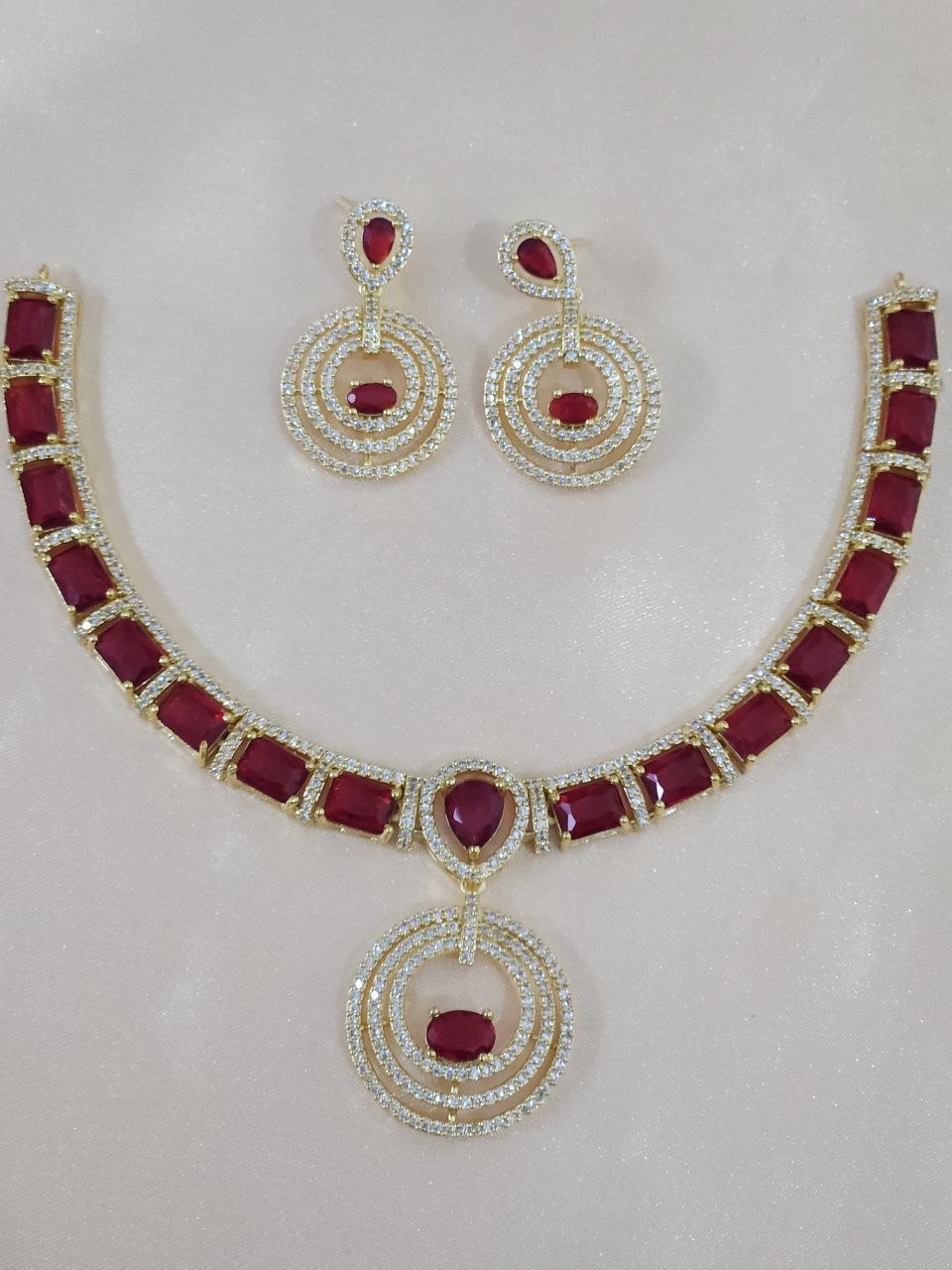 Gold Red Multi Rings Nano AD Necklace [Premium]