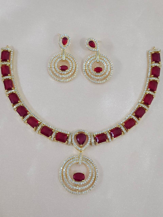 Gold Red Multi Rings Nano AD Necklace [Premium]