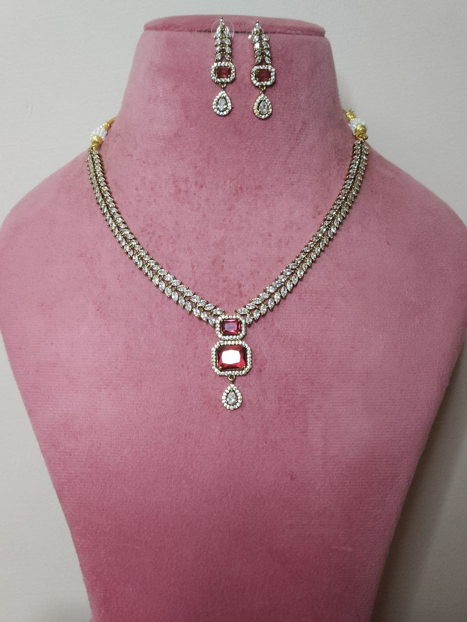 Premium Red AD Necklace (Mehendi Polish)