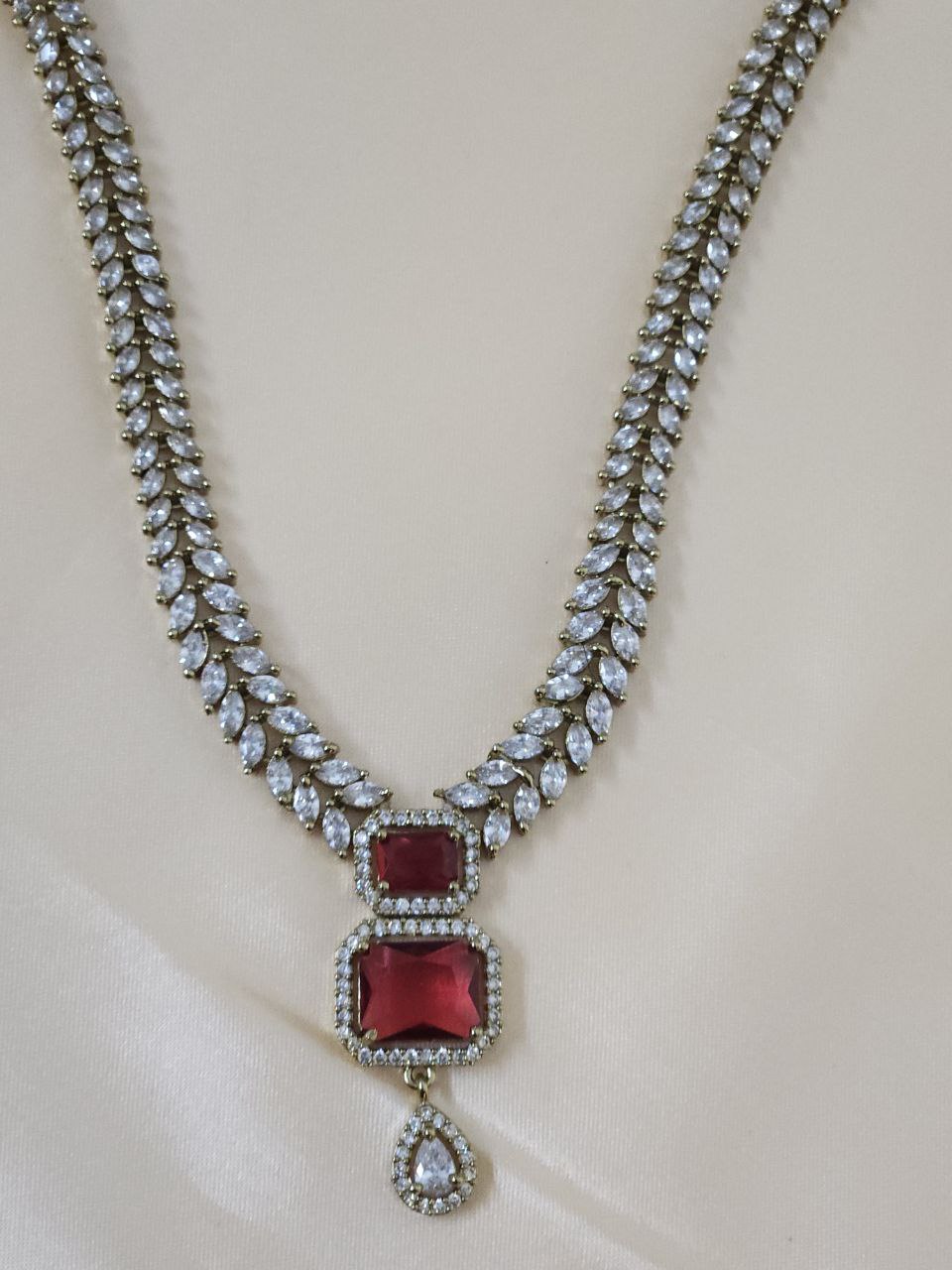 Premium Red AD Necklace (Mehendi Polish)