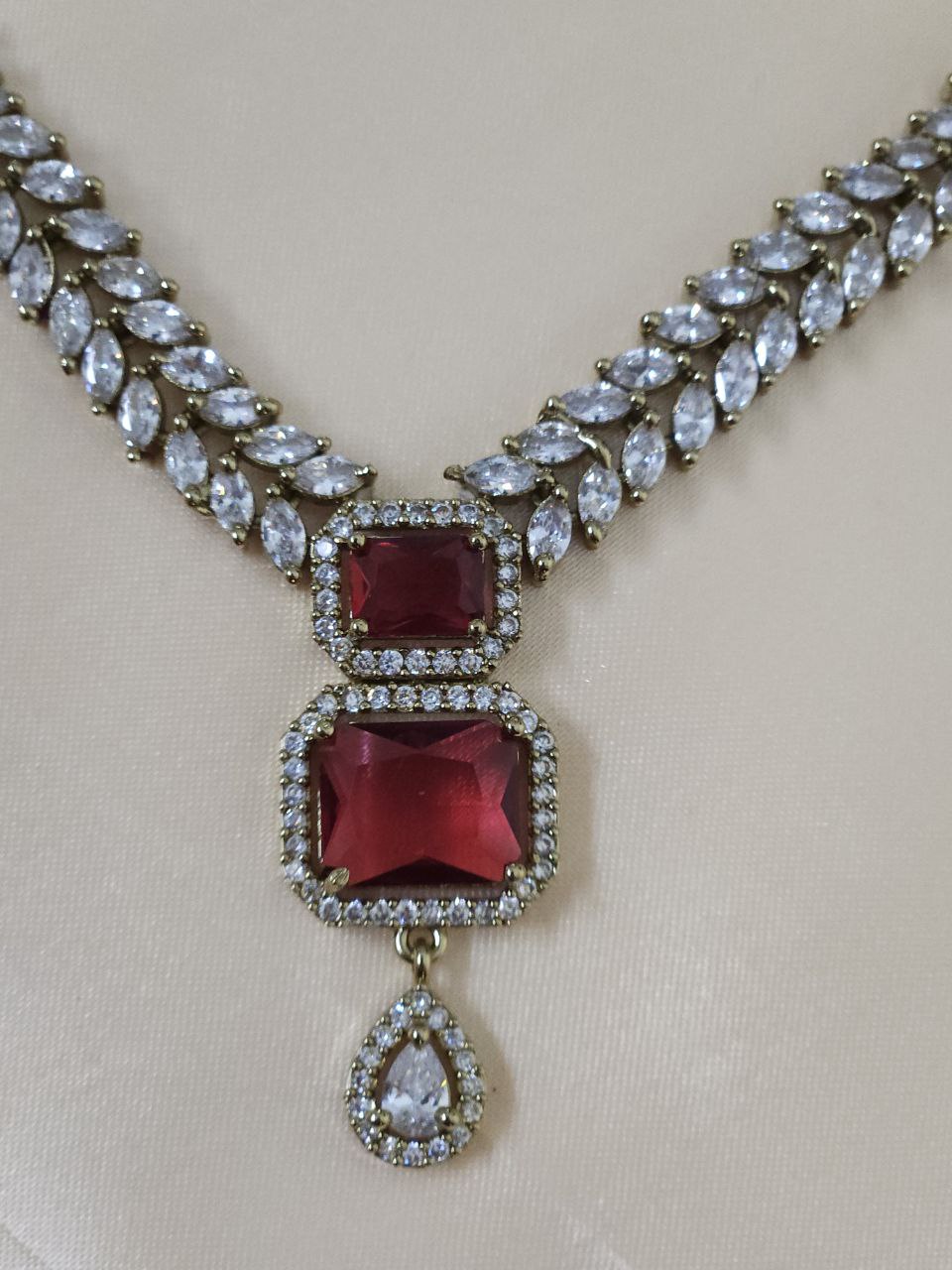 Premium Red AD Necklace (Mehendi Polish)