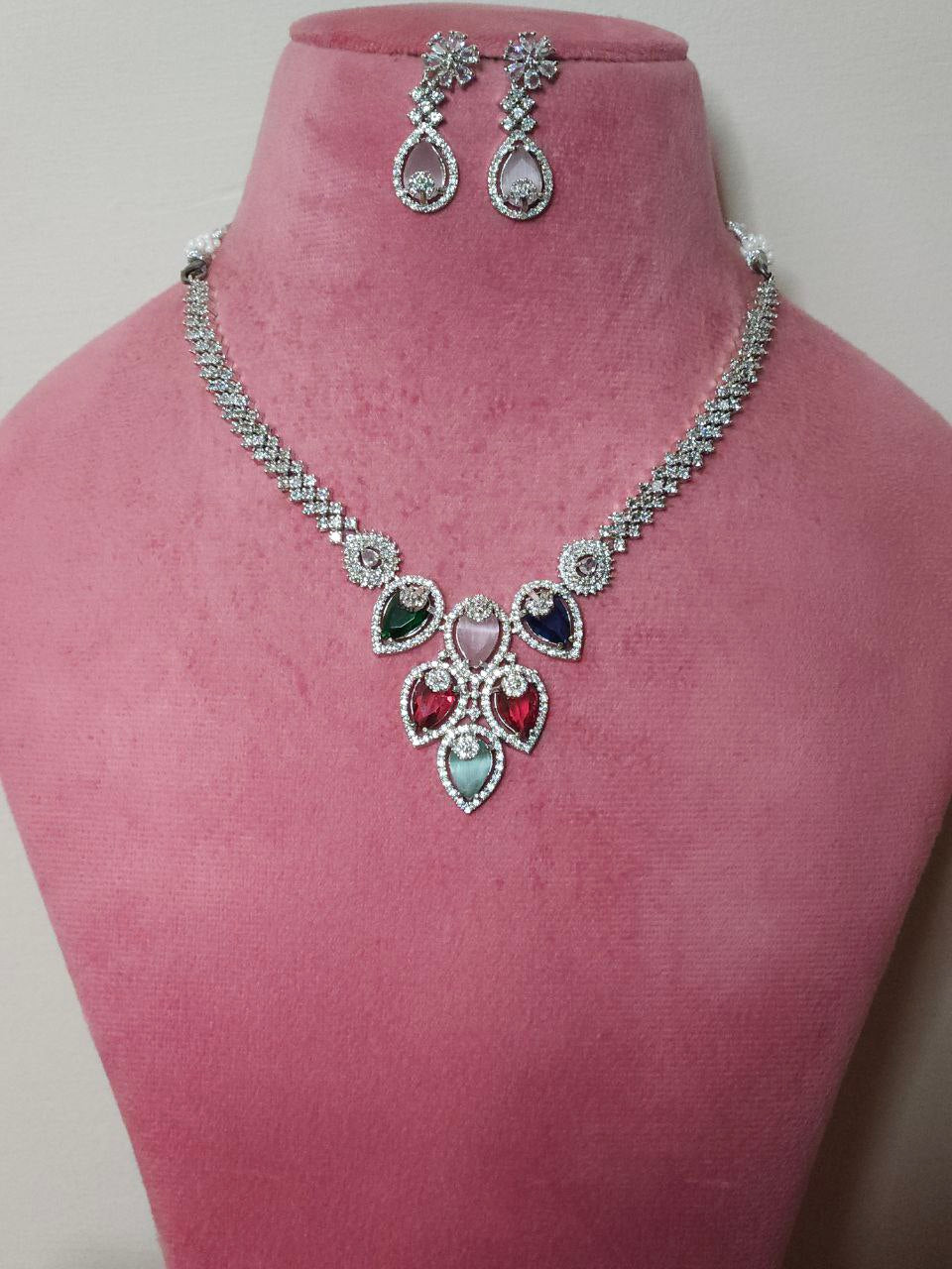 Multicolor Inlay Drops AD Necklace