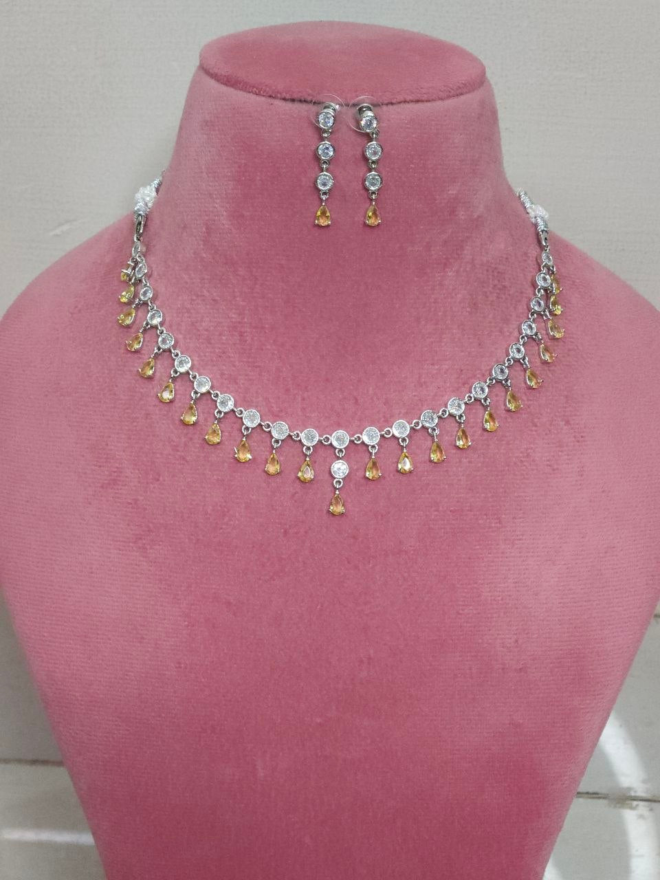 Yellow Drop Hangings AD Necklace [Premium]