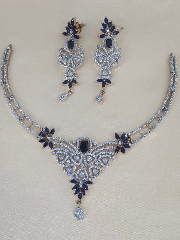 Premium Blue Flower Rose Gold AD Hasli Necklace