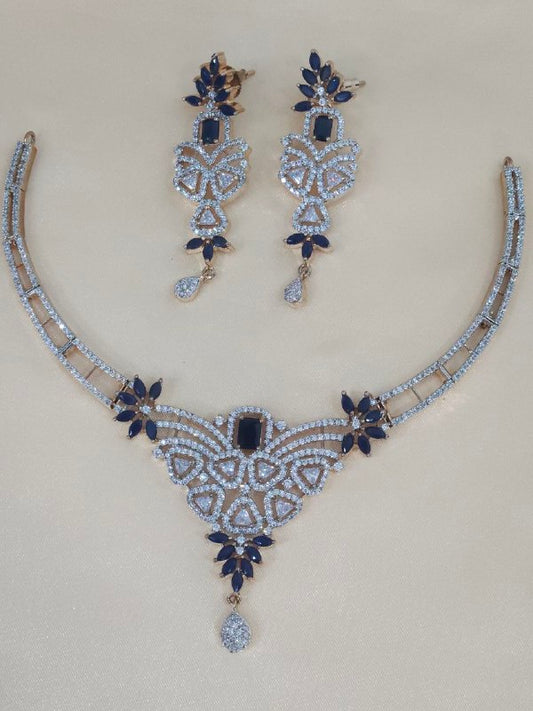 Premium Blue Flower Rose Gold AD Hasli Necklace