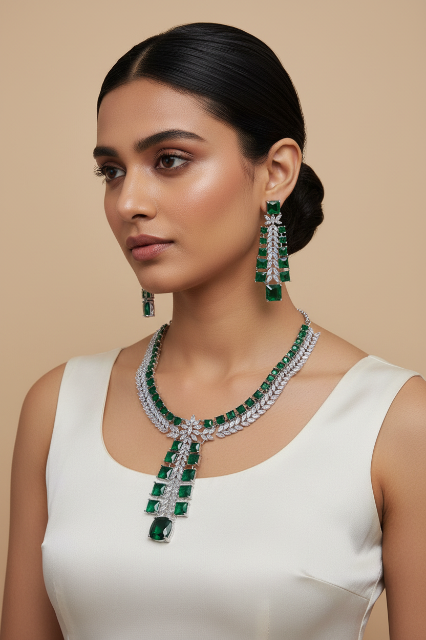 Premium Green Tie Style AD Necklace
