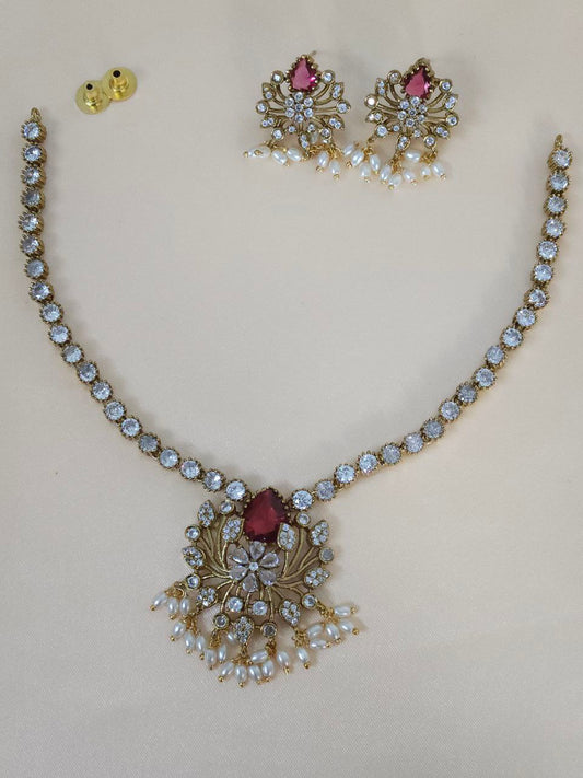 Rice Pearl Red Moissanite AD Necklace