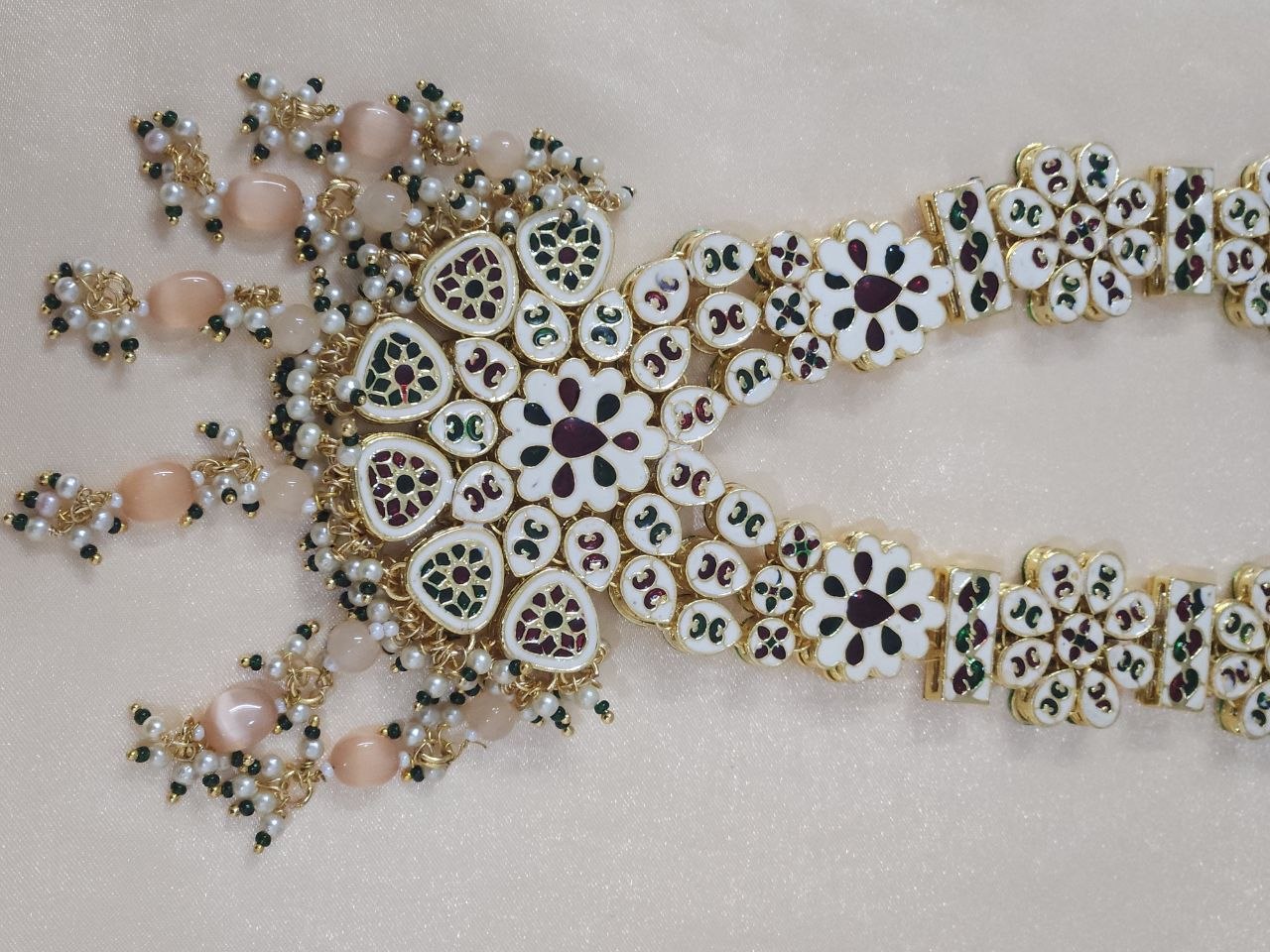 Premium Kundan Peach Bridal Long Necklace