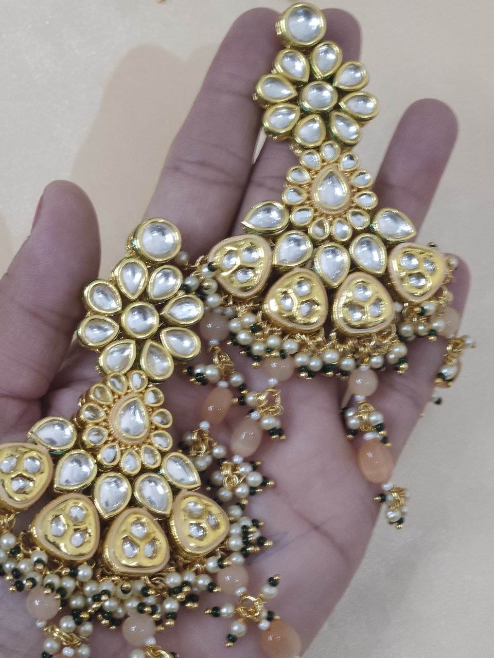 Premium Kundan Peach Bridal Long Necklace