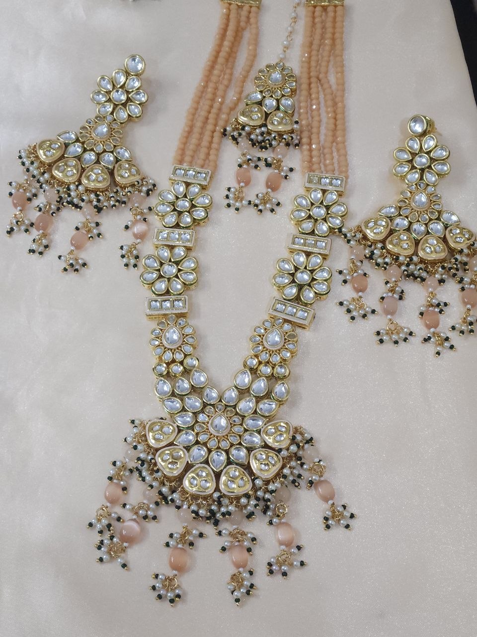 Premium Kundan Peach Bridal Long Necklace