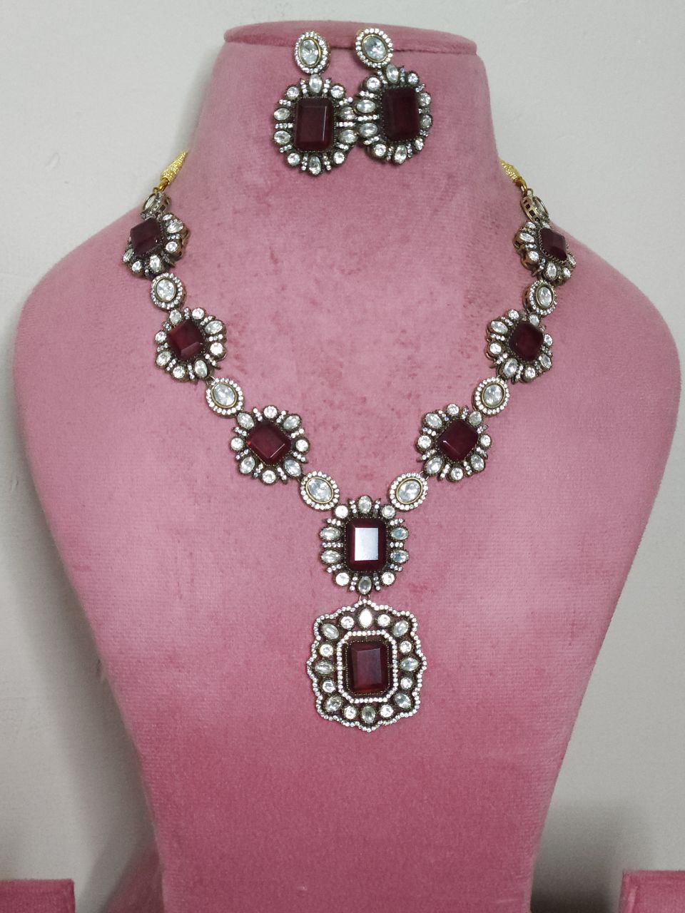 Deep Red Doublet AD Long Victorian Necklace