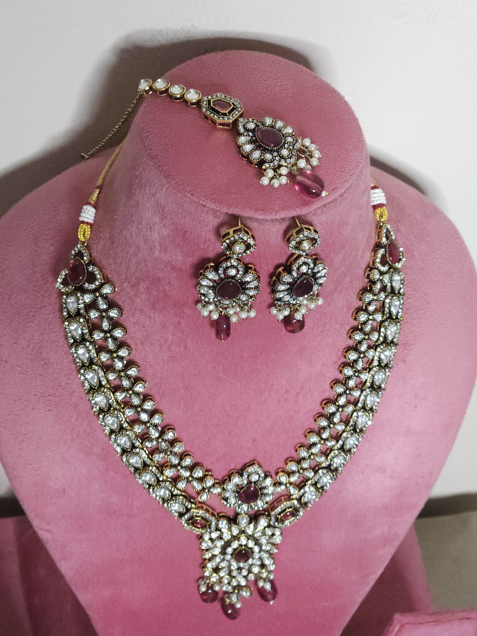 Semi-Bridal 2-Layer Wine Pink Rani Haar Necklace