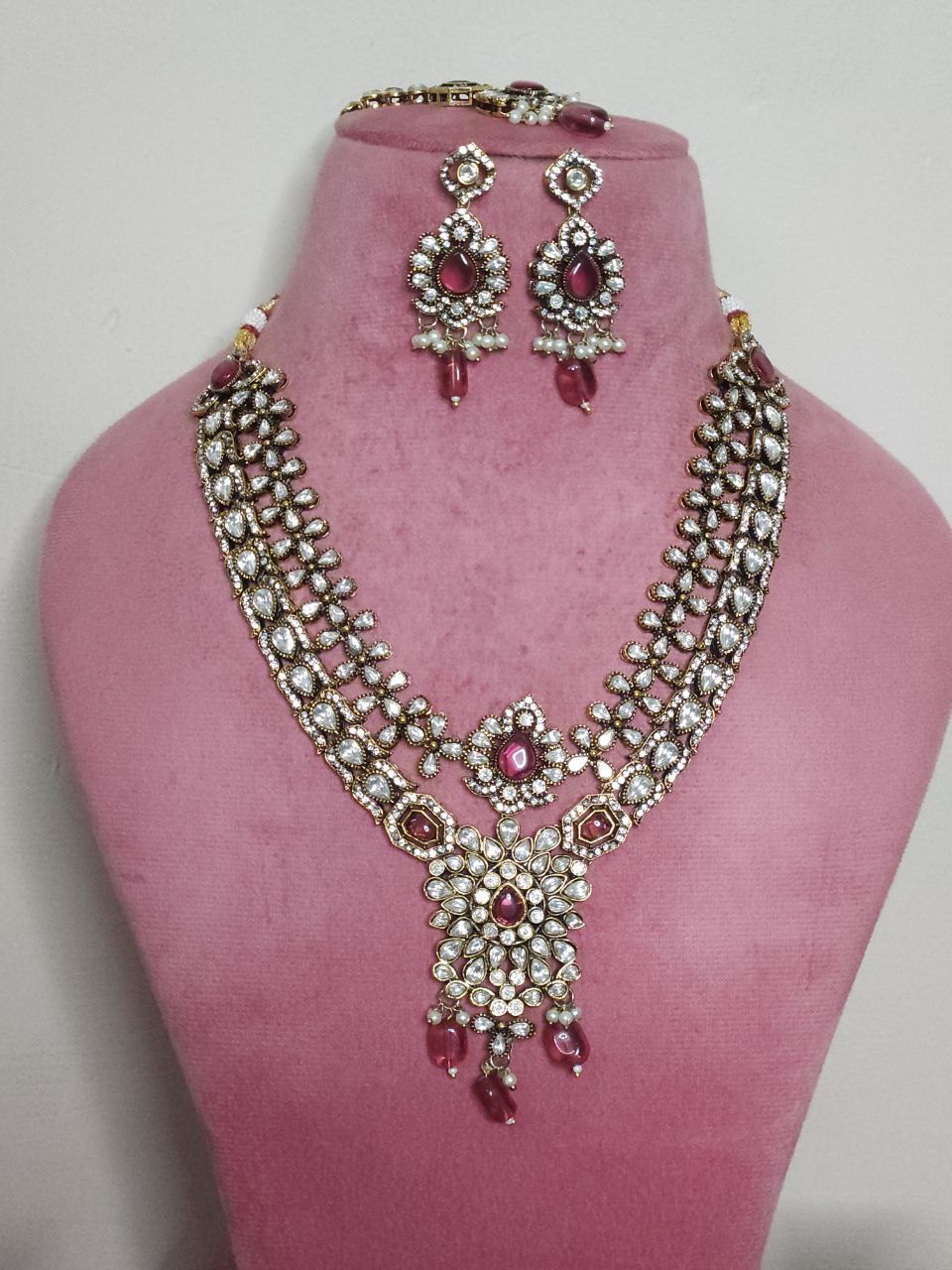 Semi-Bridal 2-Layer Wine Pink Rani Haar Necklace