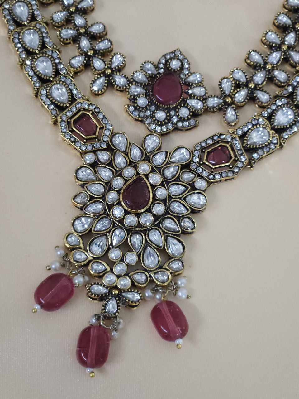 Semi-Bridal 2-Layer Wine Pink Rani Haar Necklace