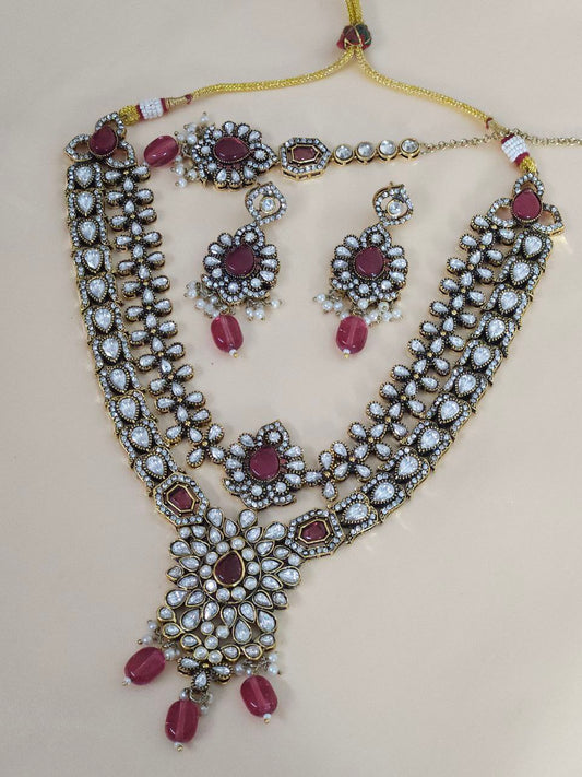 Semi-Bridal 2-Layer Wine Pink Rani Haar Necklace