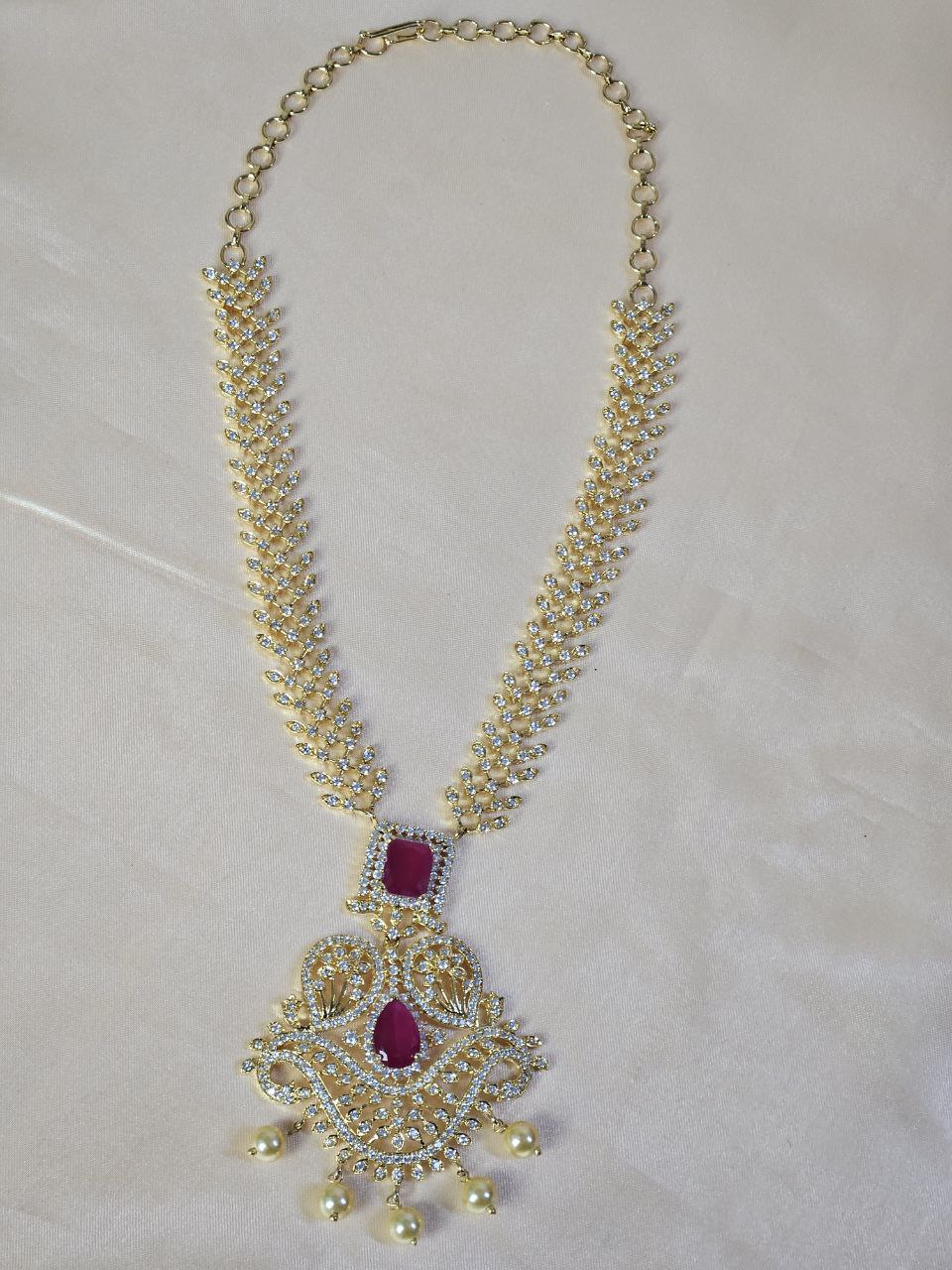 Premium Ruby Long AD Gold Necklace