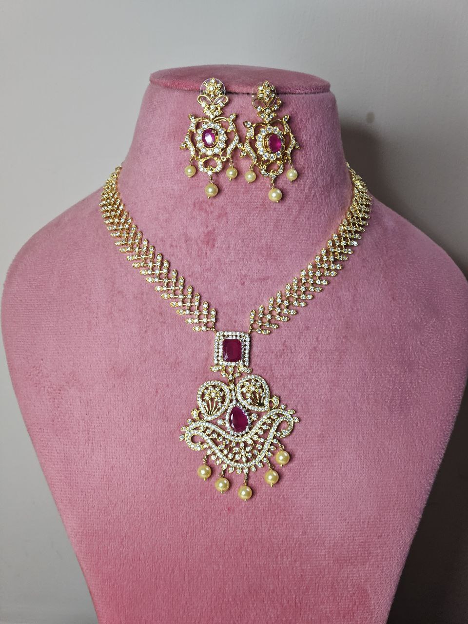 Premium Ruby Long AD Gold Necklace