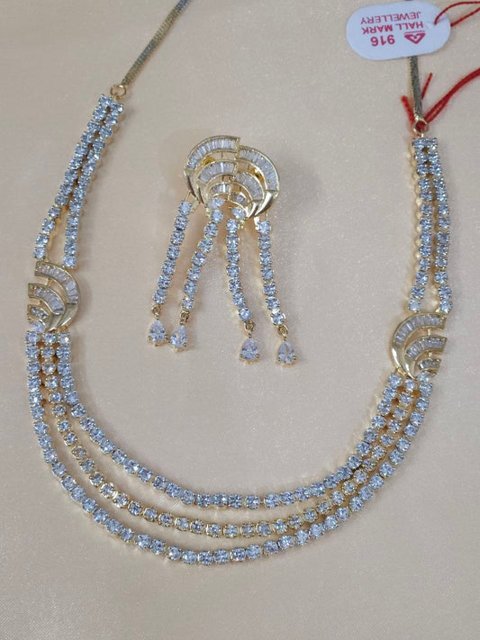 22 Carat Gold Polish 3-Layer AD Necklace [Premium]