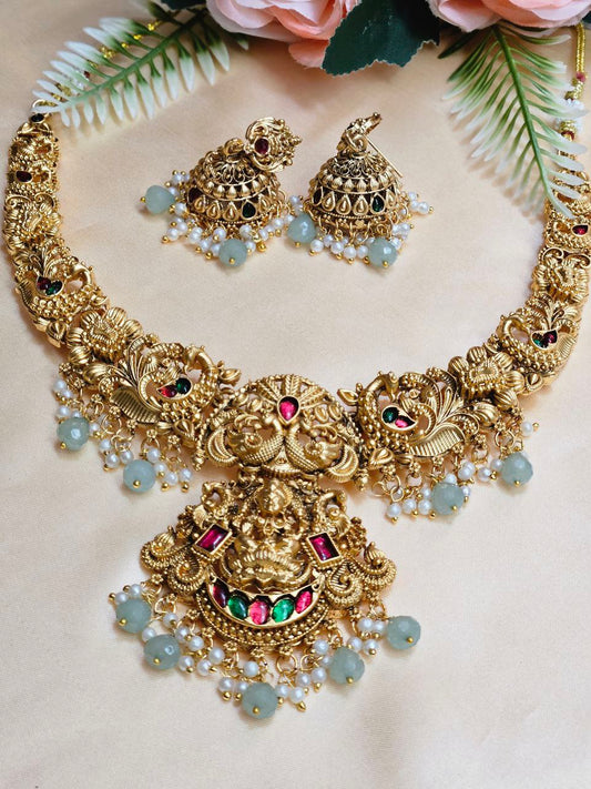 Mint Green Beads Bridal Temple Necklace