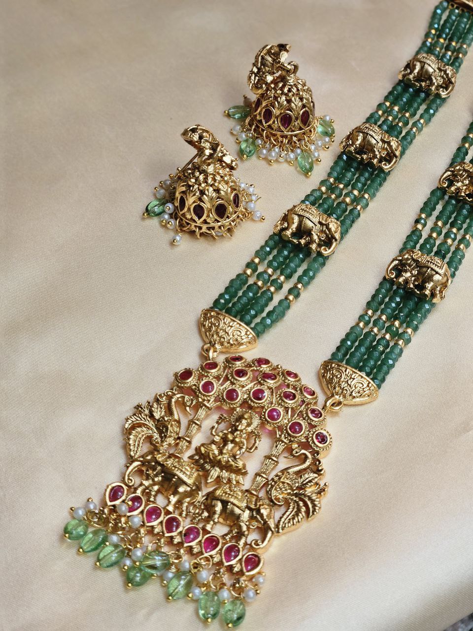 Long Mint Green Beads Laxmi Motif Haram