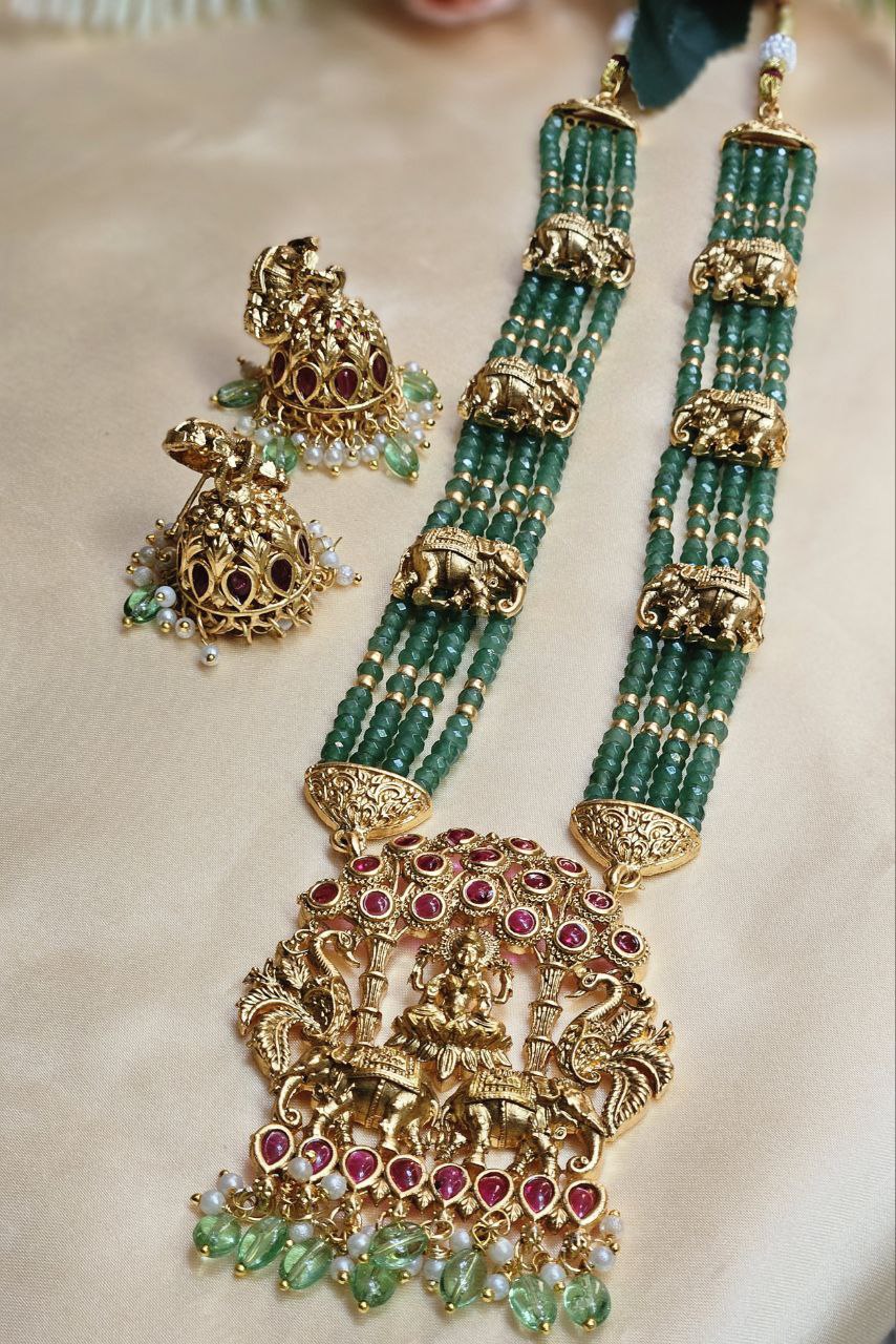 Long Mint Green Beads Laxmi Motif Haram