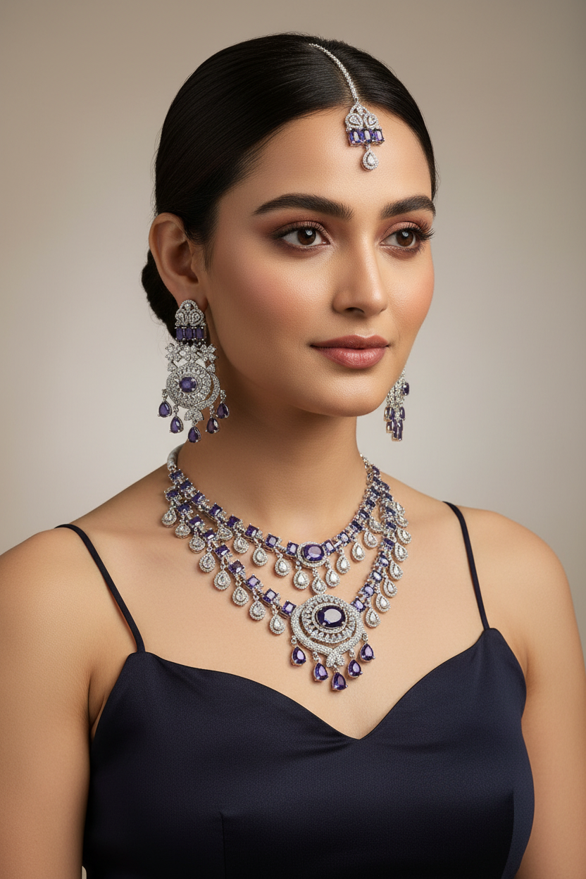 Premium Purple 2-Layer Drops AD Bridal Necklace