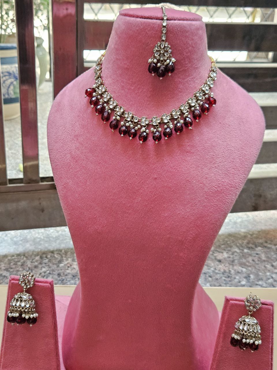Maroon Tumbles Kundan Set