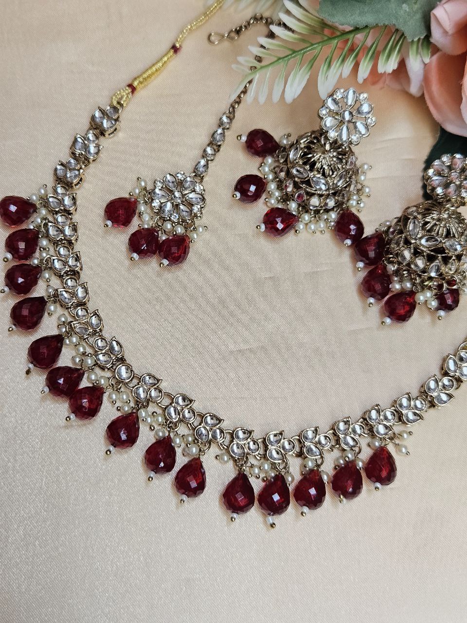 Maroon Tumbles Kundan Set